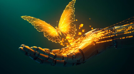 A golden low-poly butterfly bursts into data streams as it leaves a semi-transparent robotic hand, with radiant yellow-orange lighting and a dark teal background,