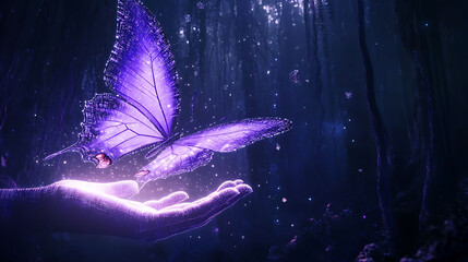 A lavender digital butterfly unfurls and rises from a hand-shaped data projection in a deep abstract digital forest, with reflective particles floating midair,