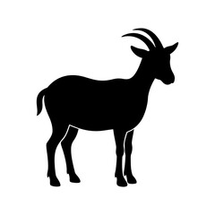 Black silhouette of a standing goat with curved horns