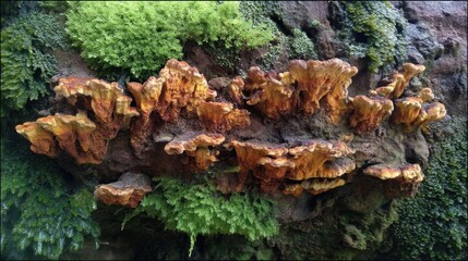 Obraz premium Vibrant Fungi Growth on a Forest Log Surrounded by Lush Green Moss and Natural Textures in a Serene Woodland Setting