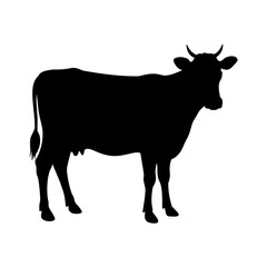 Black silhouette of a cow standing on a white background