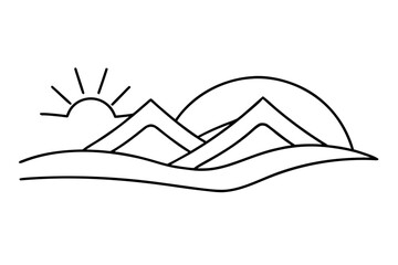 line art Hills with sunrise silhouette vector isolated on white background
