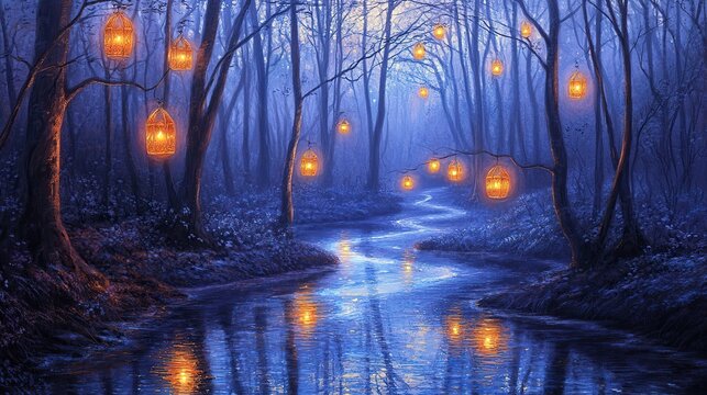 A photo-realistic fantasy illustration of a glowing blue forest at twilight,mystical fog, with silhouettes of tall trees disappearing into the ethereal glow. - Powered by Adobe