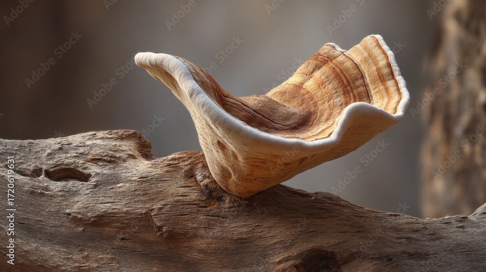 Poster elegant natural shell sitting on a weathered log in soft light highlighting wood grain and texture