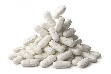 White oblong pills piled up, symbolizing medication, medical treatment, supplements, and wellness with a transparent alpha channel