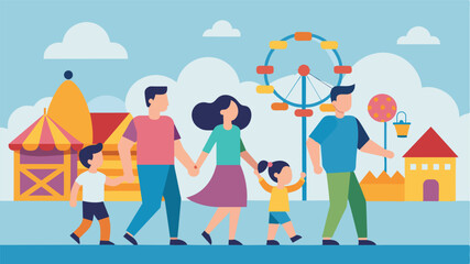 Fototapeta premium A quaint beach town complete with boardwalk and carnival games. Parents hold their childrens sticky hands as they indulge in cotton candy and ride the iconic Ferris wheel just like. Vector