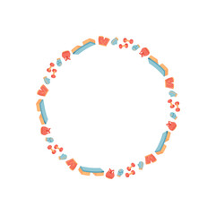 Minimal flat circle frame with fitness pattern. Round ornament with gym equipment and colorful dumbbells. Ideal for healthy workout visuals and sport templates.