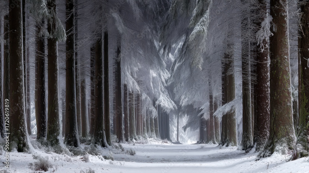 Poster serene snowy forest path surrounded by tall trees and soft winter light creating a peaceful nature s