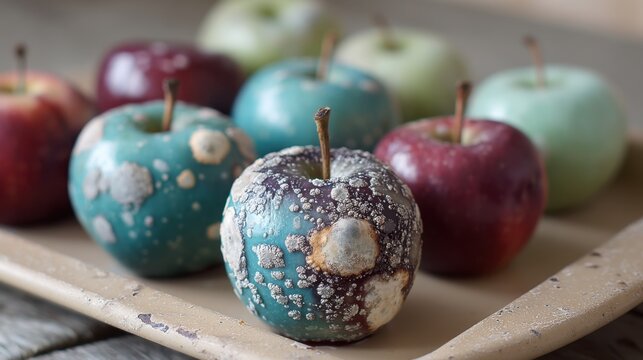 Colorful decorative apples with textured surface arranged on a neutral tray, showcasing unique artistic design elements - Powered by Adobe