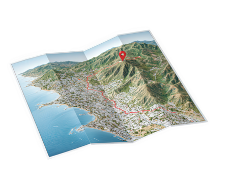 Folded map navigation travel road mountain coastline location route paper isolated. Folded paper map showing coastal city mountain range marked route and location pin ideal for travel navigation