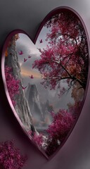 Heart-shaped window displaying a serene landscape with pink blossoms and flying birds.