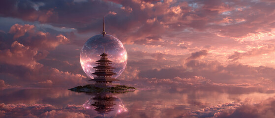 Mystical glass pedestal with floating spectral pagoda in a dreamlike sky