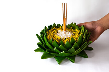Hand holding banana leaf Krathong decorates with colorful flowers for Loy Krathong festival isolated on white paper background.