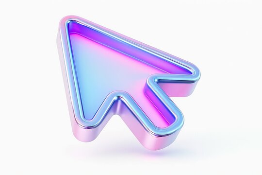 Modern holographic iridescent cursor arrow icon with a glowing neon outline on a clean white background - Powered by Adobe