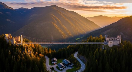 A stunning aerial view of a suspension bridge spanning a valley, connecting a historic castle nestled amongst alpine peaks at golden hour.