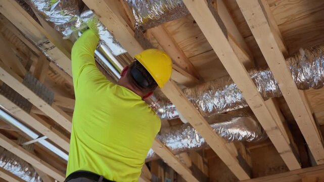 Worker installing HVAC furnace ductwork system, air conditioner and heating system at home. 