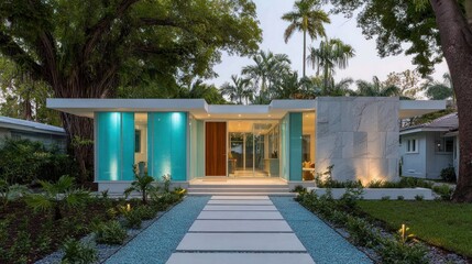 Naklejka premium Modern home facade with teal accents. Lush landscaping surrounds a walkway leading to the entryway