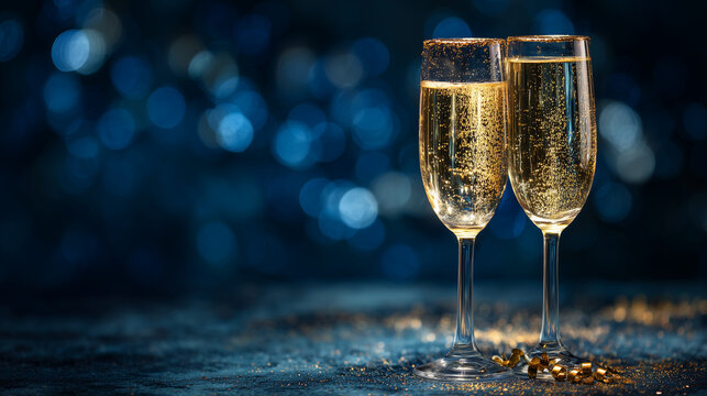 Two elegant champagne flutes filled with sparkling wine and bubbles on a dark background