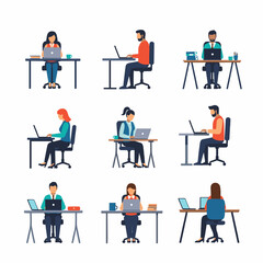 Diverse professionals engaged in tasks on laptops, representing modern workplace activities and remote work