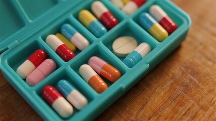 Chronic Illness Management: Colorful Capsules in a Weekly Medication Organizer on a Wooden Table