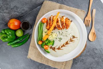 Gourmet Roasted Chicken with Coffee Sauce and Fresh Vegetables