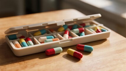Naklejka premium Chronic Illness Management: Colorful Capsules in a Weekly Medication Organizer on a Wooden Table