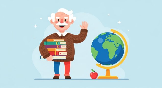Illustration of a man with books and a globe on a light blue background with an apple near globe - Powered by Adobe