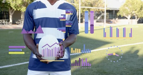 Upon grip shift male athlete lifting rugby ball while sports analytics charts animate metrics - Powered by Adobe