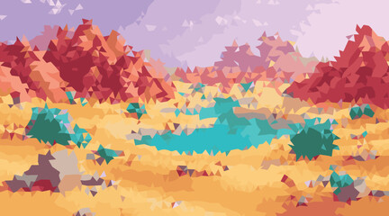 Abstract Landscape With Teal Water And Red Foliage