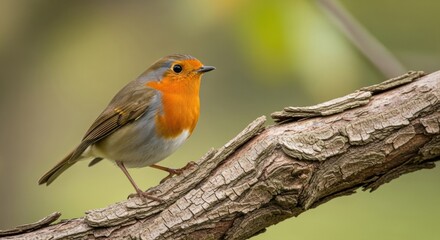 A european robin perched on a branch with green background in a close up shot in natural light