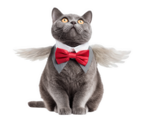Gray cat angel wings red bow tie white collar sitting isolated funny costume adorable looking up playful expression fantasy pet