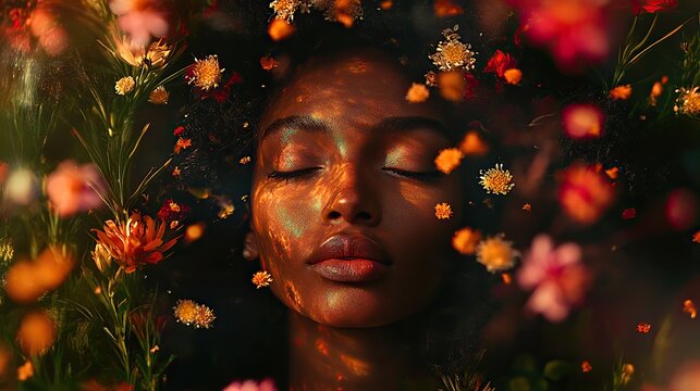 A vibrant, psychedelic, shimmering photograph of fynbos flowers surrounding the head of an Indian woman with her eyes closed, surrounded by floating wildflowers, m