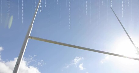 At fourth second binary code raining over rugby goalposts as ball falling balancing on crossbar - Powered by Adobe