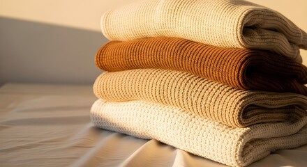 A cozy stack of warm, knitted sweaters in earthy tones, bathed in soft morning light on a bed, evoking comfort and relaxation.