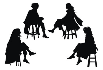 vector silhouette, front view of a group of women sitting on chair