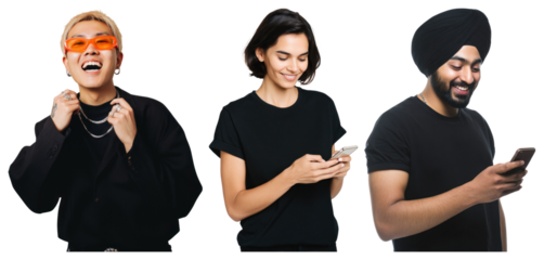 PNG Diverse individuals using smartphones, element set on transparent background