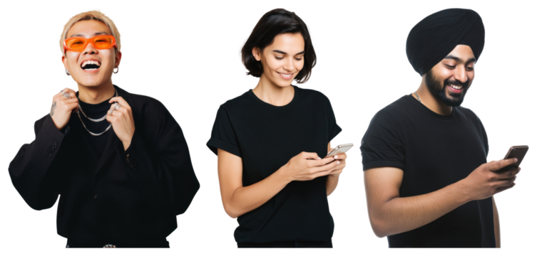 PNG Diverse individuals using smartphones, element set on transparent background