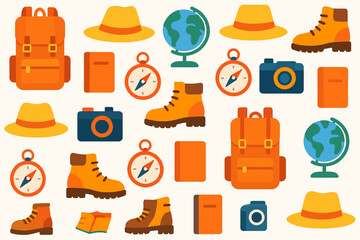 Colorful Travel Icon Pattern with Backpack Hat Shoes Camera Globe and Compass