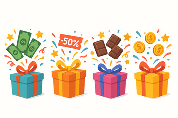 Colorful Gift Boxes with Money Discount Chocolate and Coins Celebratory Scene