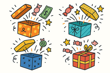 Colorful Gift Boxes with Ribbons and Coins in Flat Icon Style for Celebration and Shopping
