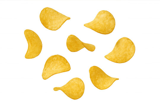 Potato chips flying, crisp golden snack food pieces falling, junk food ingredient on transparent background