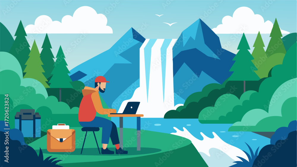 Poster a hikers makeshift office set up near a refreshing waterfall as they take a muchneeded break from th