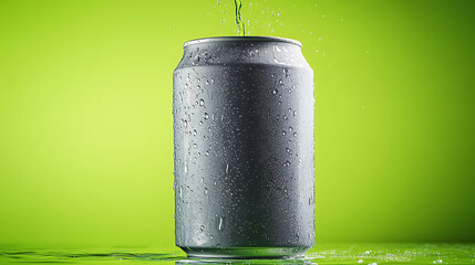 Soft gray soda can with a frosted look, background in vibrant lime green, vertical water burst mid-freeze, crisp lighting for depth,