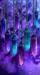 Colorful crystals hang from chains against a starry background.