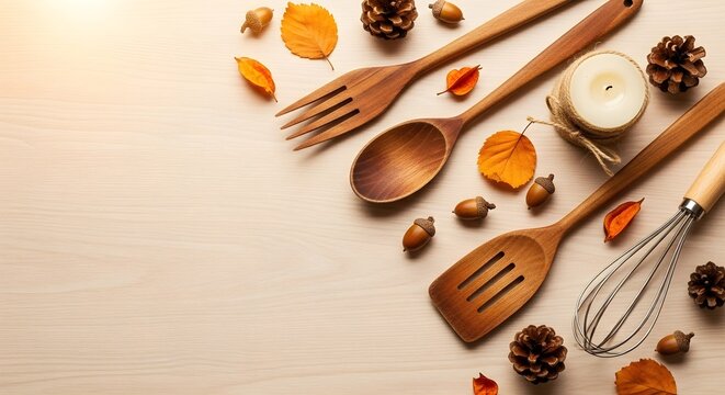 Flat lay of rustic wooden kitchen utensils with autumn leaves, pinecones, and a lit candle on a light wood background, perfect for fall cooking and baking concepts.