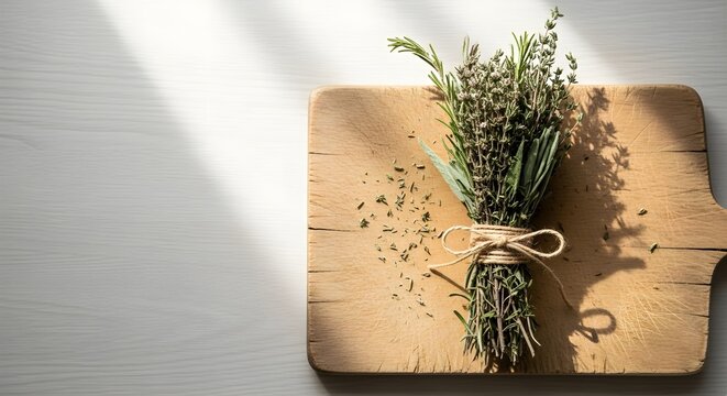 Fresh aromatic herb bouquet with rosemary, thyme, and sage tied on a rustic wooden cutting board, highlighted by natural light and shadows.