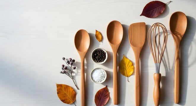 Rustic wooden kitchen utensils, spices, and vibrant autumn leaves arranged on a light background, perfect for fall cooking and baking concepts.