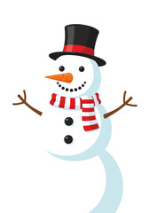 Cheerful Flat Vector Snowman With Top Hat and Scarf