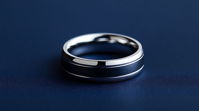 A mena??s tungsten carbide ring resting on a solid navy background, matte finish with edge highlights, centered composition, strong contrast,