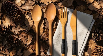 Rustic wooden cutlery set featuring spoons, a fork, and a knife elegantly arranged on a linen napkin amidst dried leaves and pine cones, evoking an autumnal and natural dining concept.